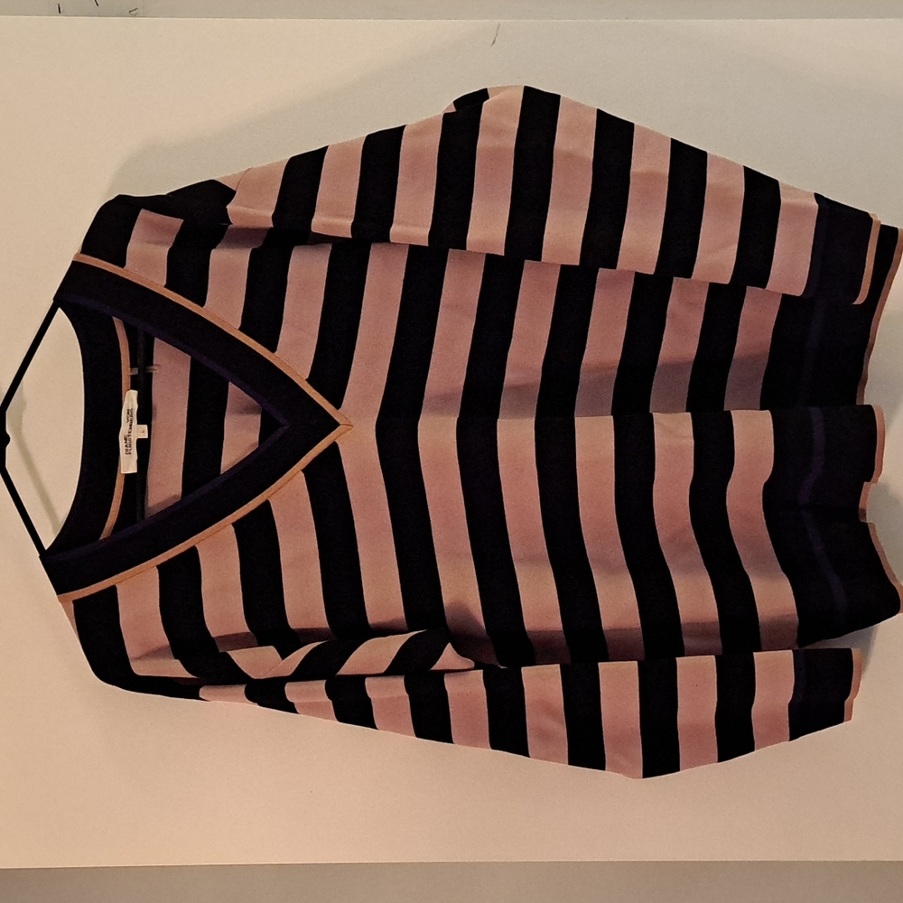 Diane Von Furstenburg Large V Neck Mauve/Black/Royal Striped Oversized Sweater